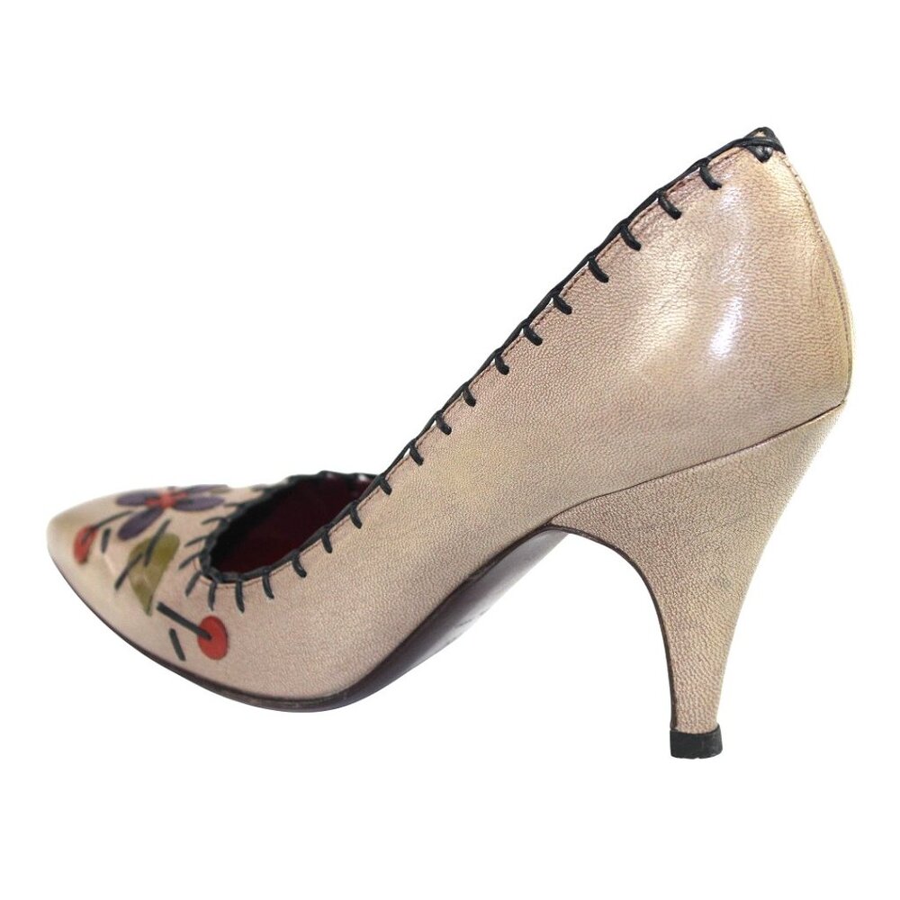 Prada Vintage Floral Appliqué Taupe Purple Detailing Slip-On Heel Size 37 (US 6) - Picture 6 of 13